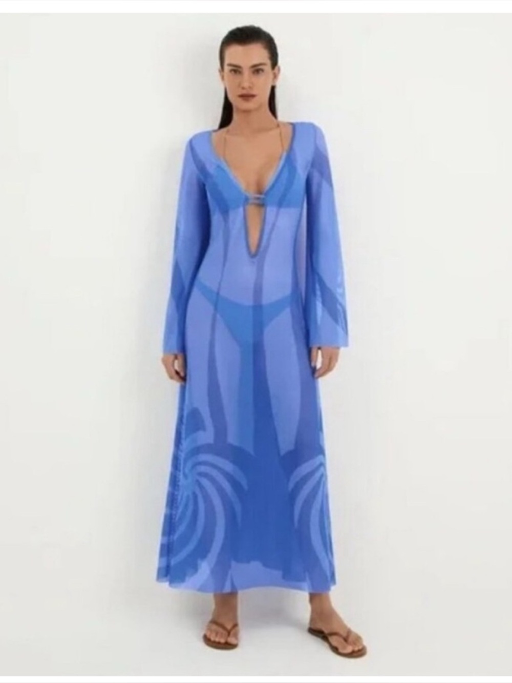 Caroline Constas Blue Long Sleeve Cover-Up Maxi Dress